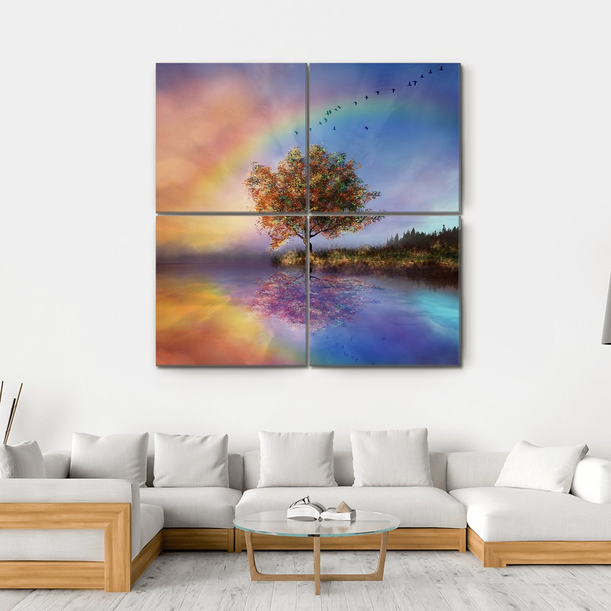 Flowered Tree & Rainbow Canvas Wall Art-4 Square-Gallery Wrap-17" x 17"-Tiaracle
