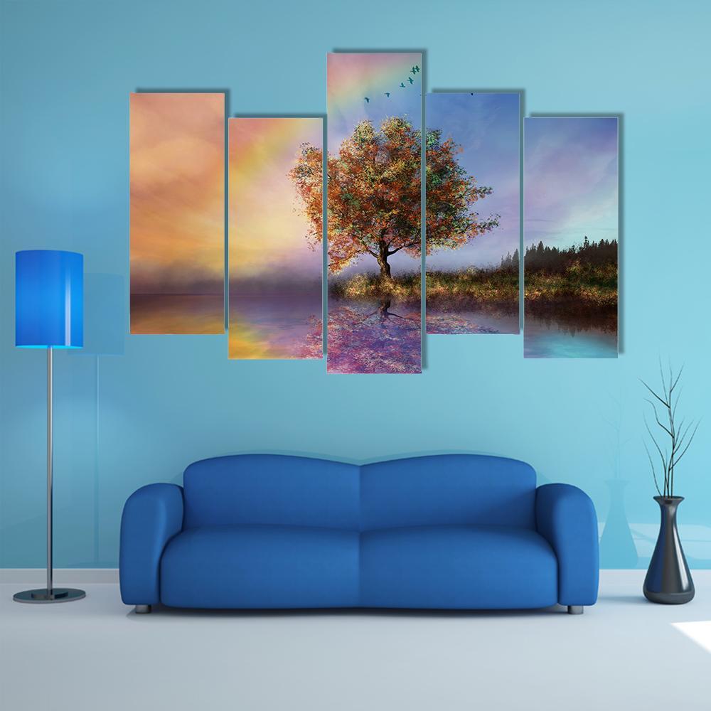 Flowered Tree &amp; Rainbow Canvas Wall Art-5 Pop-Gallery Wrap-47" x 32"-Tiaracle