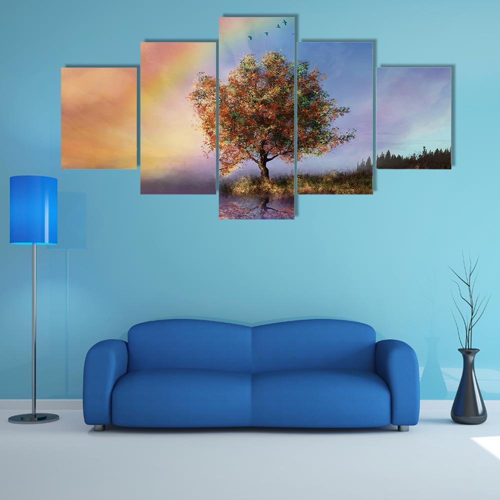 Flowered Tree &amp; Rainbow Canvas Wall Art-5 Star-Gallery Wrap-62" x 32"-Tiaracle