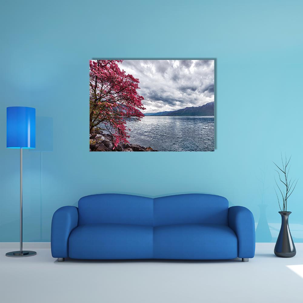Flowers Against Lake Geneva Canvas Wall Art-3 Horizontal-Gallery Wrap-37" x 24"-Tiaracle
