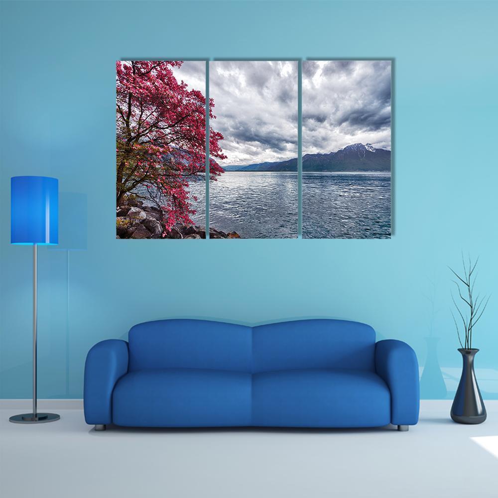 Flowers Against Lake Geneva Canvas Wall Art-3 Horizontal-Gallery Wrap-37" x 24"-Tiaracle