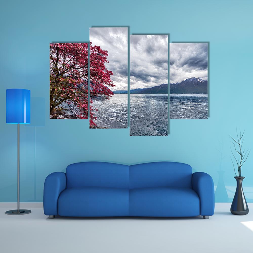 Flowers Against Lake Geneva Canvas Wall Art-4 Pop-Gallery Wrap-50" x 32"-Tiaracle