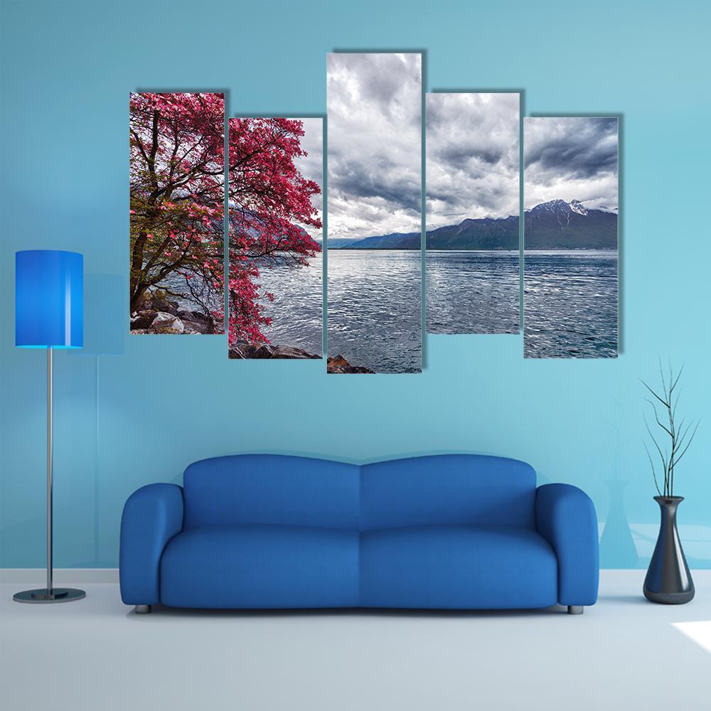 Flowers Against Lake Geneva Canvas Wall Art-5 Pop-Gallery Wrap-47" x 32"-Tiaracle