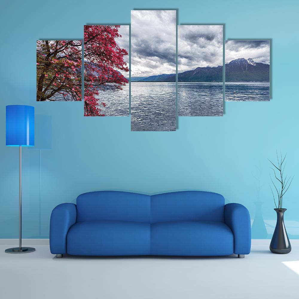 Flowers Against Lake Geneva Canvas Wall Art-5 Star-Gallery Wrap-62" x 32"-Tiaracle