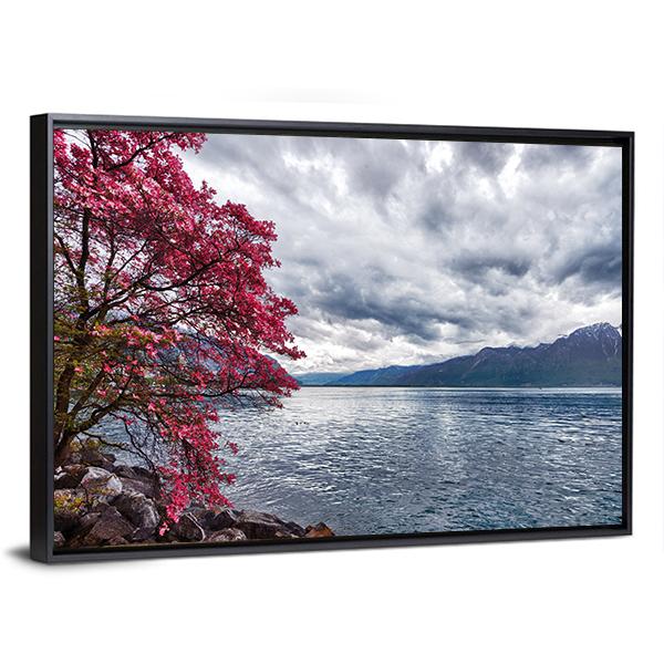 Flowers Against Lake Geneva Canvas Wall Art-3 Horizontal-Gallery Wrap-25" x 16"-Tiaracle