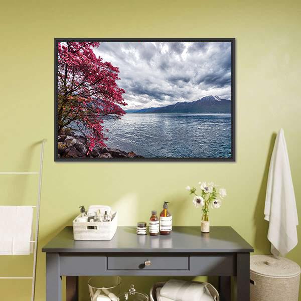 Flowers Against Lake Geneva Canvas Wall Art-1 Piece-Floating Frame-24" x 16"-Tiaracle