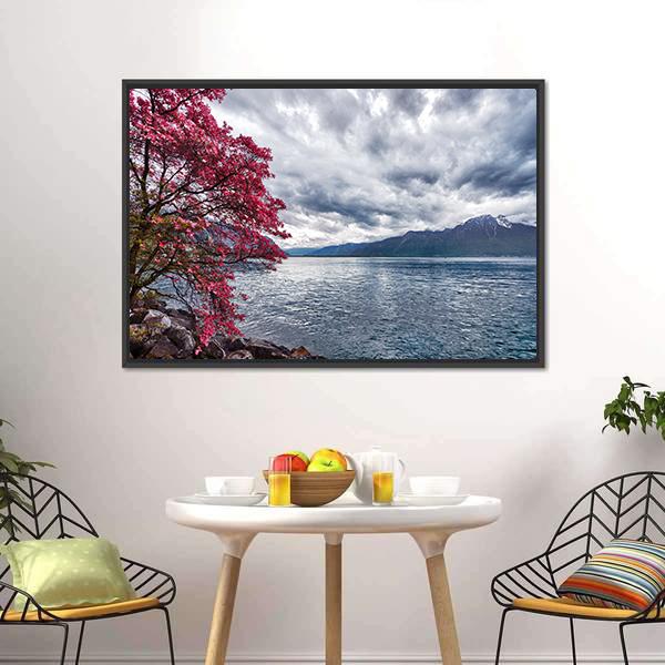 Flowers Against Lake Geneva Canvas Wall Art-3 Horizontal-Gallery Wrap-25" x 16"-Tiaracle