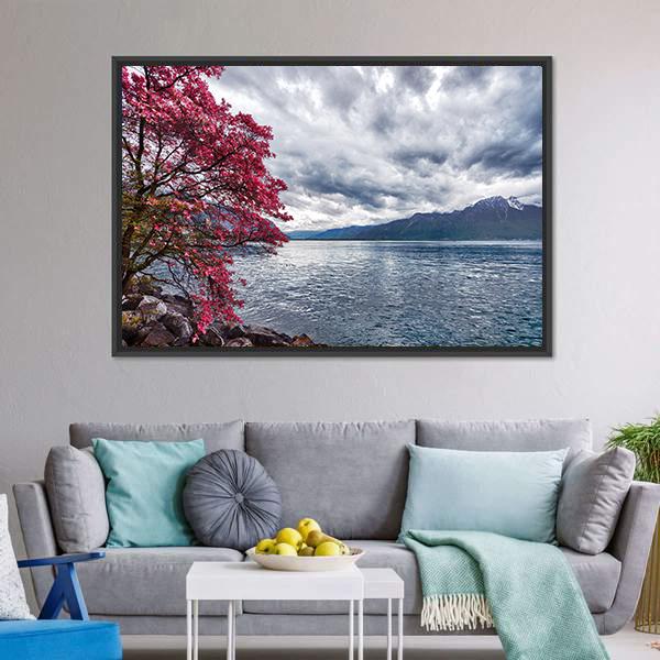 Flowers Against Lake Geneva Canvas Wall Art-3 Horizontal-Gallery Wrap-25" x 16"-Tiaracle
