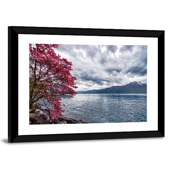 Flowers Against Lake Geneva Canvas Wall Art-3 Horizontal-Gallery Wrap-25" x 16"-Tiaracle