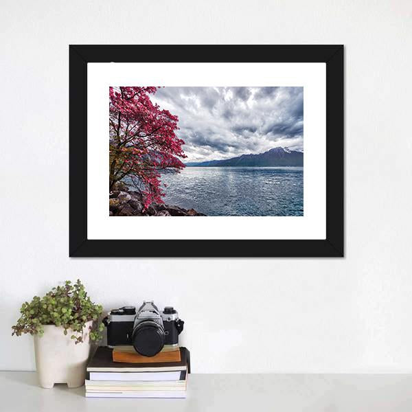 Flowers Against Lake Geneva Canvas Wall Art-1 Piece-Framed Print-20" x 16"-Tiaracle