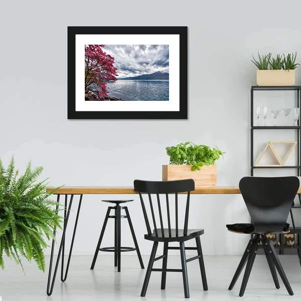 Flowers Against Lake Geneva Canvas Wall Art-3 Horizontal-Gallery Wrap-25" x 16"-Tiaracle