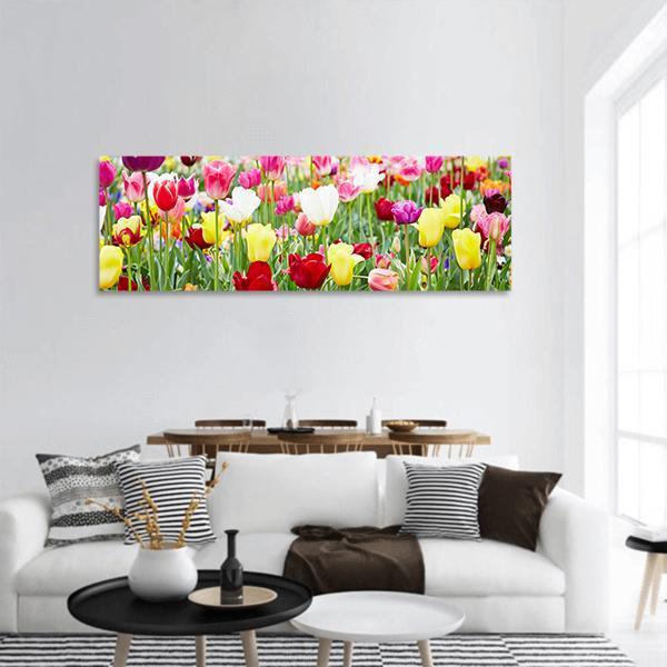 Blooming Tulips Panoramic Canvas Wall Art-3 Piece-25" x 08"-Tiaracle