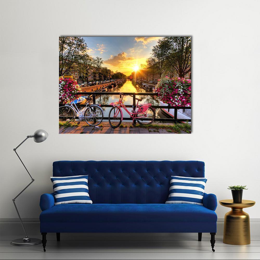 Flowers &amp; Bicycles On Bridge Canvas Wall Art-1 Piece-Gallery Wrap-48" x 32"-Tiaracle