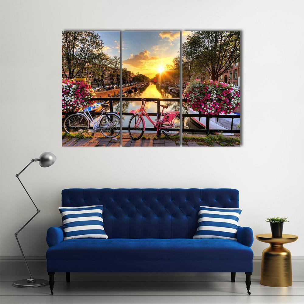 Flowers &amp; Bicycles On Bridge Canvas Wall Art-3 Horizontal-Gallery Wrap-37" x 24"-Tiaracle
