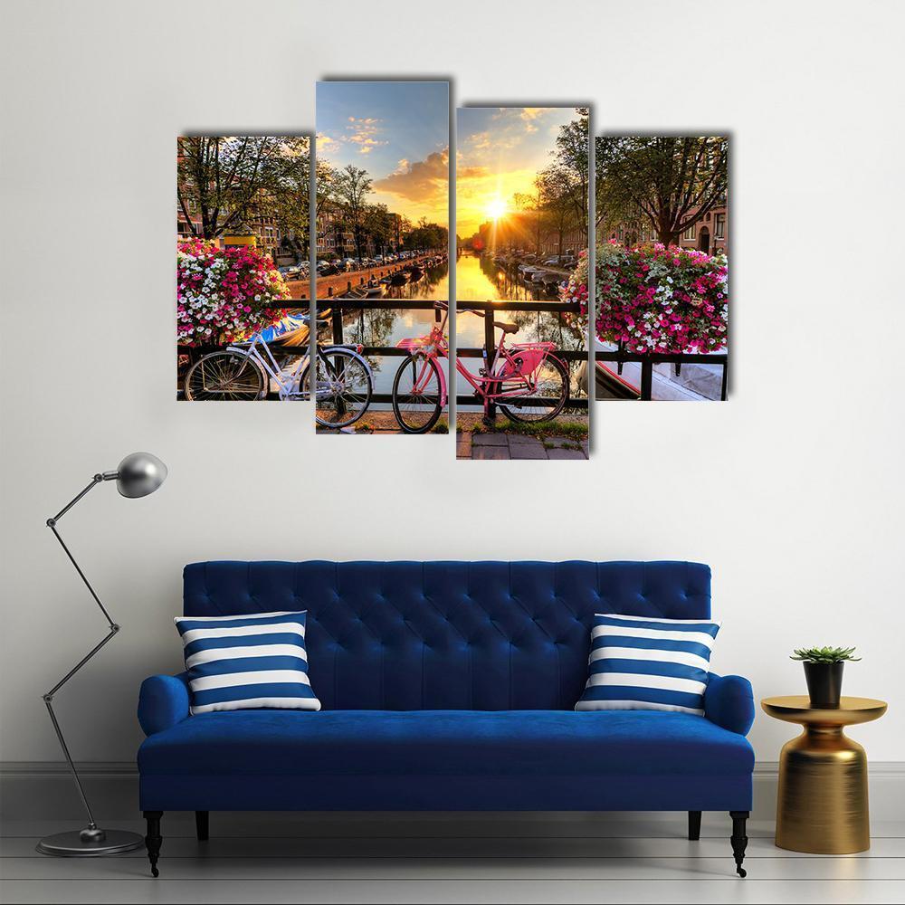 Flowers &amp; Bicycles On Bridge Canvas Wall Art-4 Pop-Gallery Wrap-50" x 32"-Tiaracle