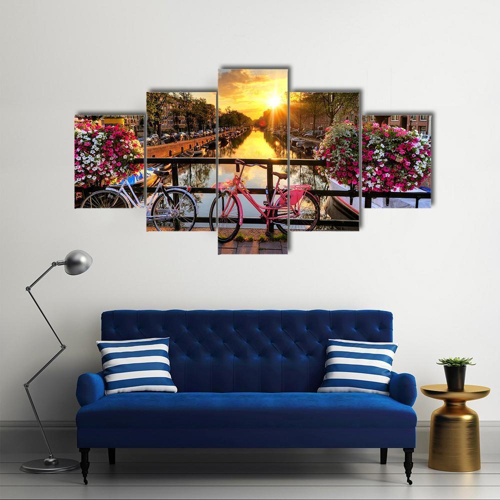 Flowers &amp; Bicycles On Bridge Canvas Wall Art-5 Star-Gallery Wrap-62" x 32"-Tiaracle