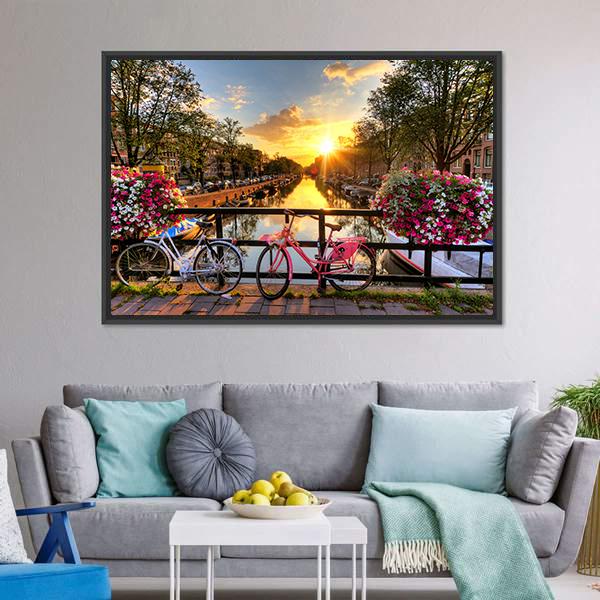 Flowers &amp; Bicycles On Bridge Canvas Wall Art-3 Horizontal-Gallery Wrap-25" x 16"-Tiaracle