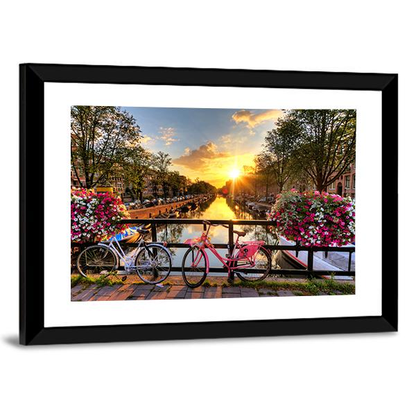 Flowers & Bicycles On Bridge Canvas Wall Art-3 Horizontal-Gallery Wrap-25" x 16"-Tiaracle