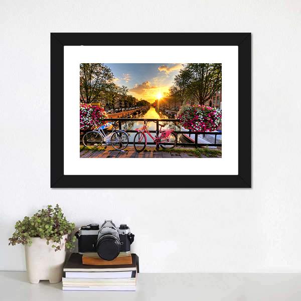 Flowers & Bicycles On Bridge Canvas Wall Art-1 Piece-Framed Print-20" x 16"-Tiaracle