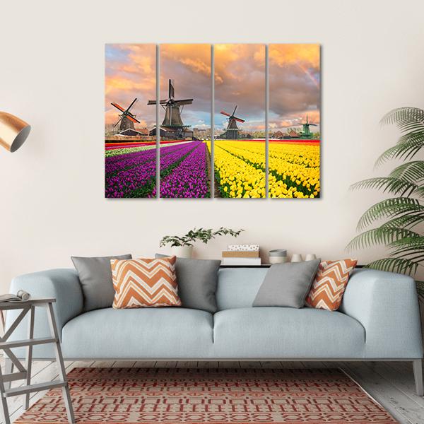 Flowers Fields & Windmill Canvas Wall Art-4 Horizontal-Gallery Wrap-34" x 24"-Tiaracle