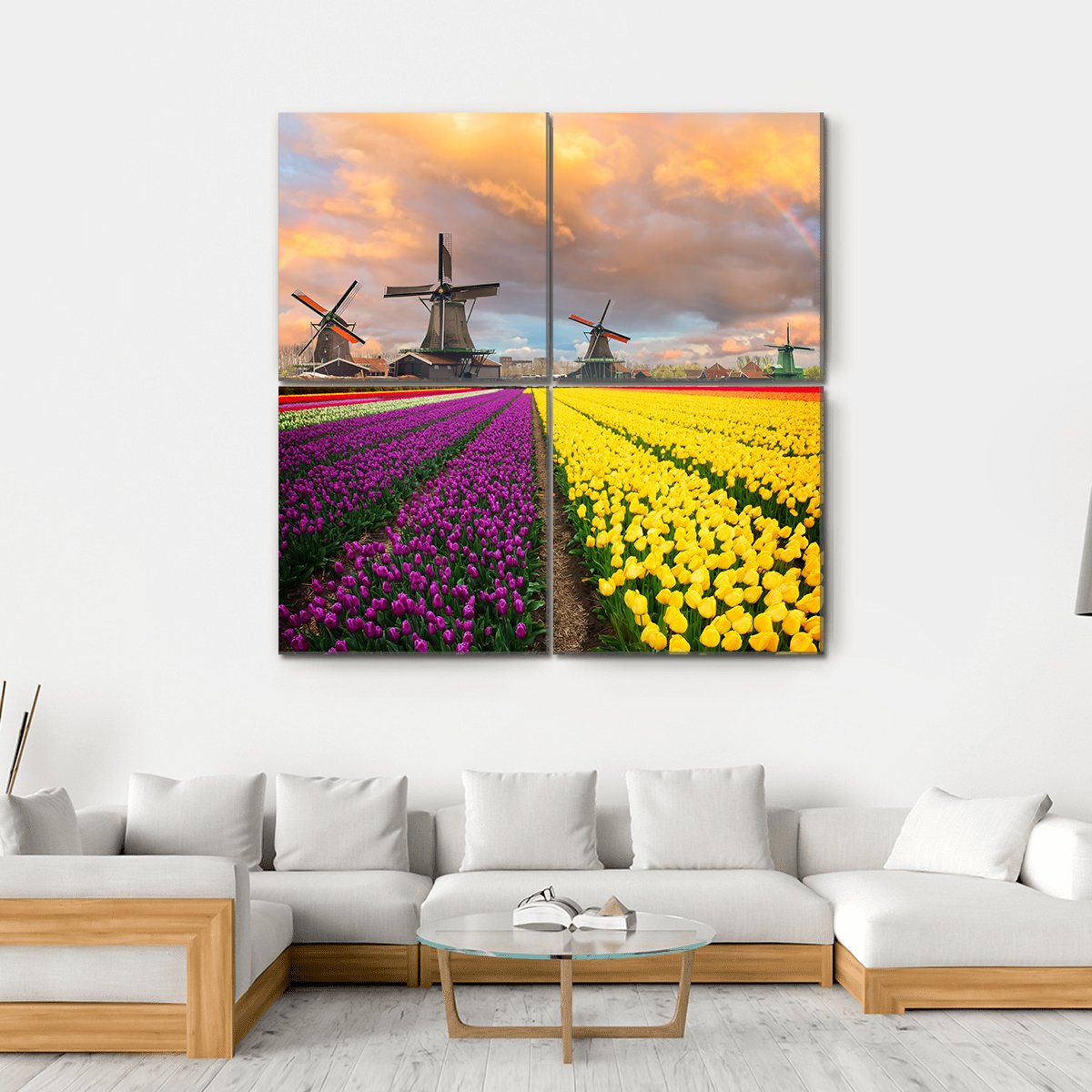 Flowers Fields &amp; Windmill Canvas Wall Art-4 Square-Gallery Wrap-17" x 17"-Tiaracle