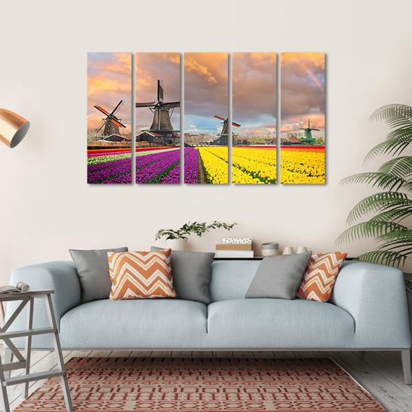 Flowers Fields & Windmill Canvas Wall Art-5 Horizontal-Gallery Wrap-22" x 12"-Tiaracle