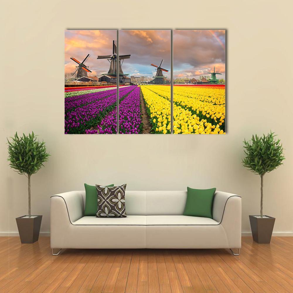 Flowers Fields &amp; Windmill Canvas Wall Art-3 Horizontal-Gallery Wrap-37" x 24"-Tiaracle
