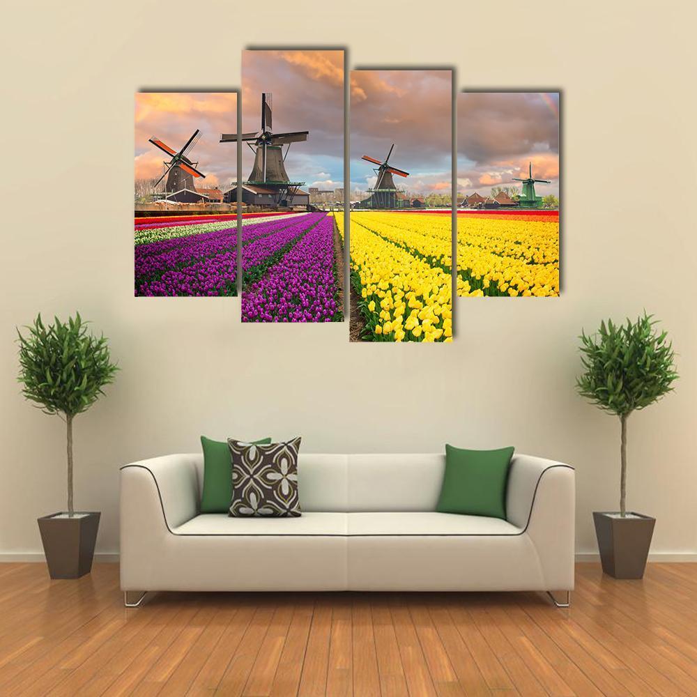 Flowers Fields & Windmill Canvas Wall Art-4 Pop-Gallery Wrap-50" x 32"-Tiaracle