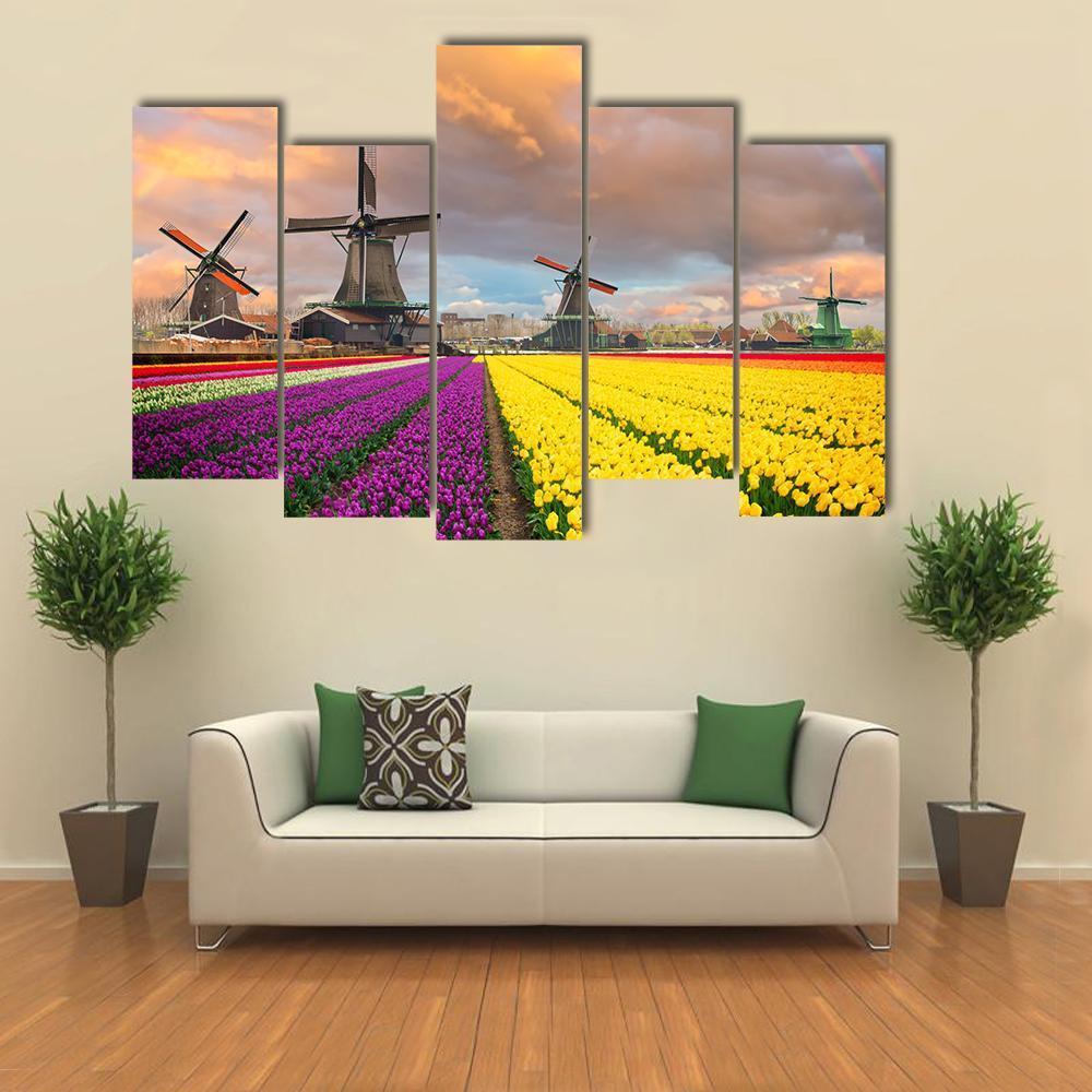 Flowers Fields &amp; Windmill Canvas Wall Art-5 Pop-Gallery Wrap-47" x 32"-Tiaracle