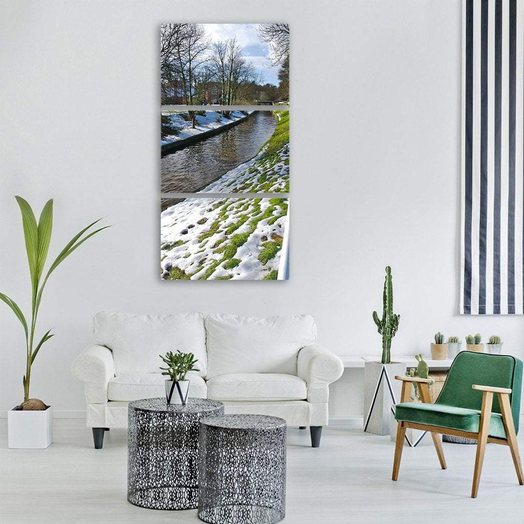 Flowing Canal In Winter Vertical Canvas Wall Art-3 Vertical-Gallery Wrap-12" x 25"-Tiaracle