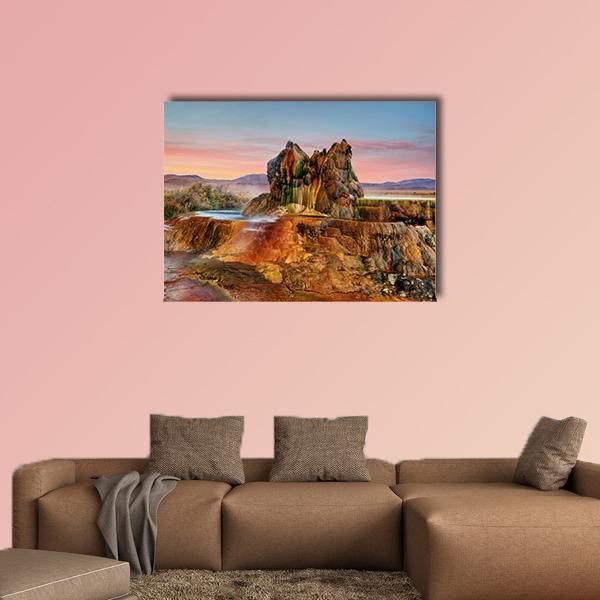 Fly Geyser Nevada Colorful Geothermal Pools Canvas Wall Art in brown, blue and multicolor, single panel hung on a wall