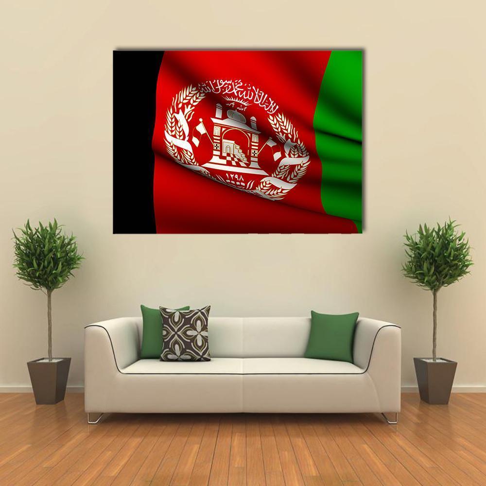 Afghanistan Flag with 1928 Emblem Canvas Wall Art in black, red and green, single panel hung on a wall