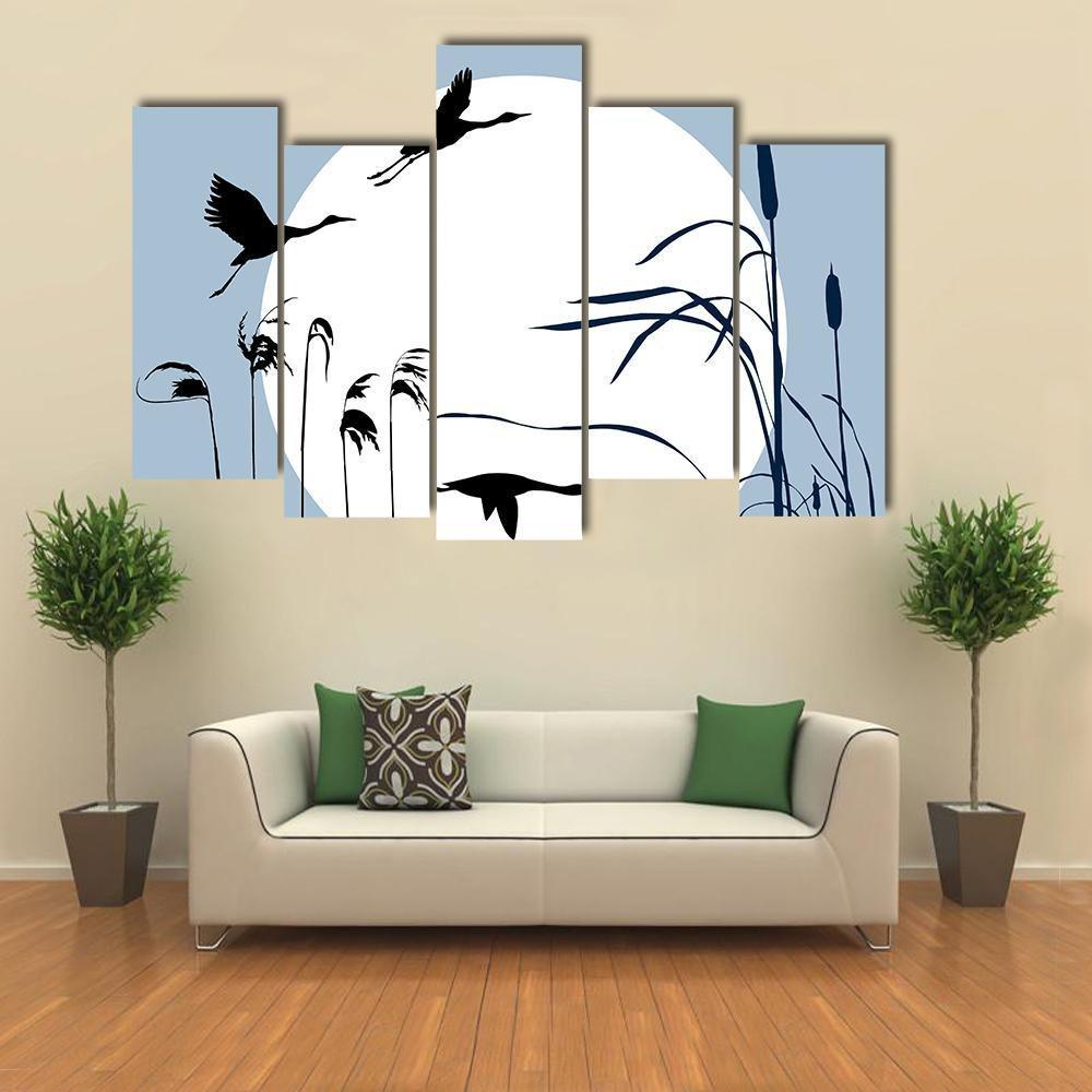 Flying Birds Silhouette Canvas Wall Art-5 Pop-Gallery Wrap-47" x 32"-Tiaracle