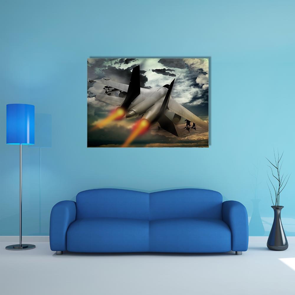 Close-up Fighter Jet in Flight Canvas Wall Art in black, gray and orange, single panel hung on a wall