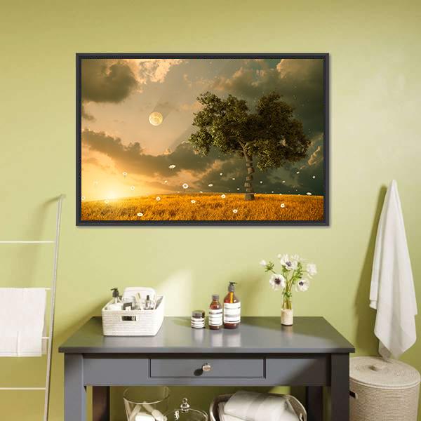 Flying Flowers & Tree Canvas Wall Art-1 Piece-Floating Frame-24" x 16"-Tiaracle