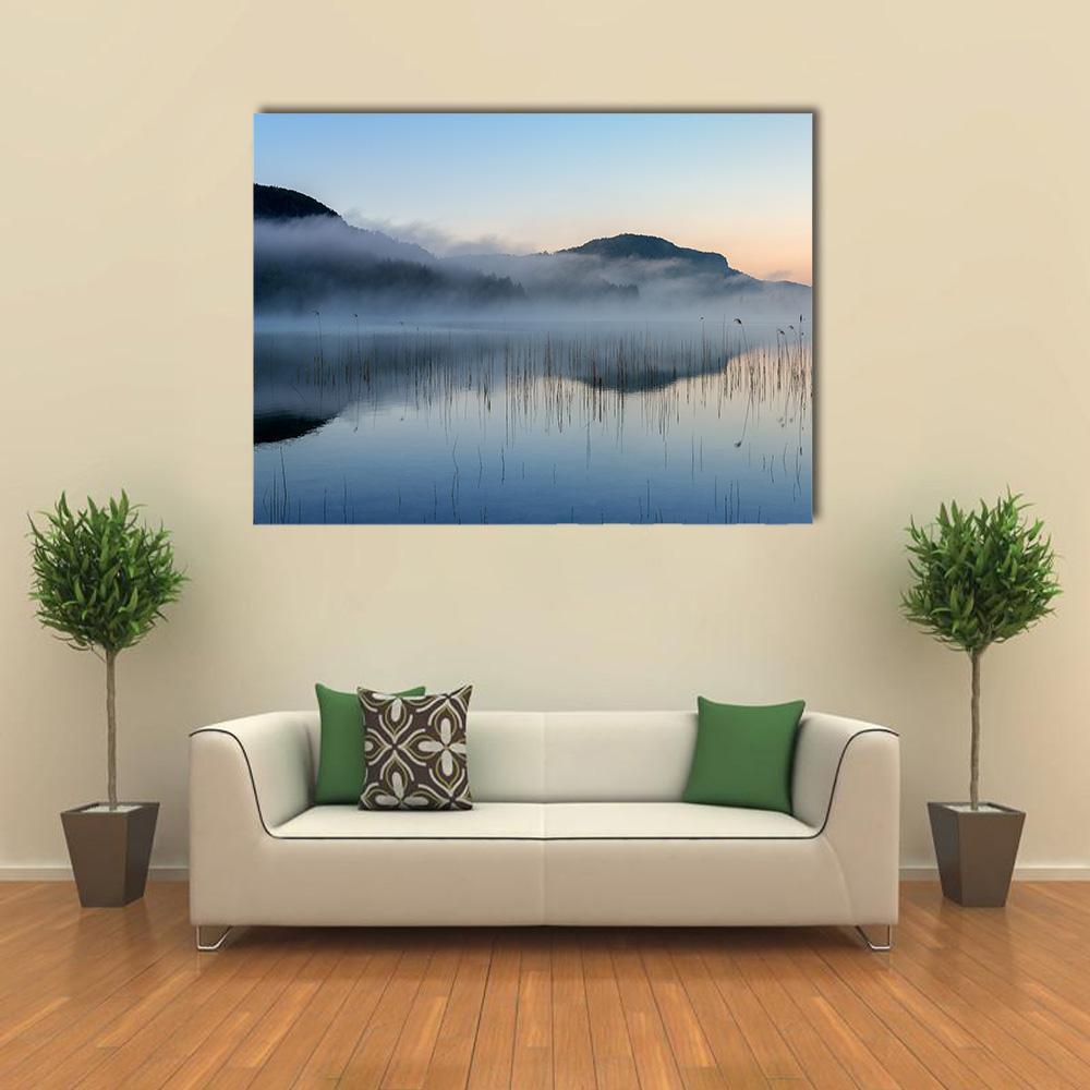 Fog on Lake Ilay Canvas Wall Art in white, gray and blue, single panel hung on a wall