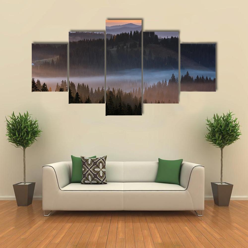 Fog Over Carpathian Mountains Canvas Wall Art-5 Star-Gallery Wrap-62" x 32"-Tiaracle