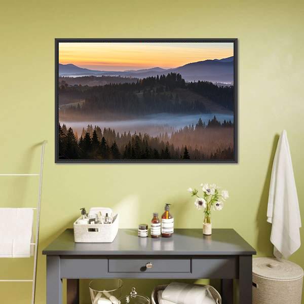 Fog Over Carpathian Mountains Canvas Wall Art-1 Piece-Floating Frame-24" x 16"-Tiaracle