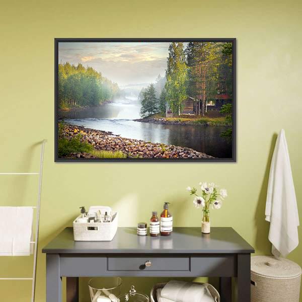 Fog Over River Canvas Wall Art-1 Piece-Floating Frame-24" x 16"-Tiaracle