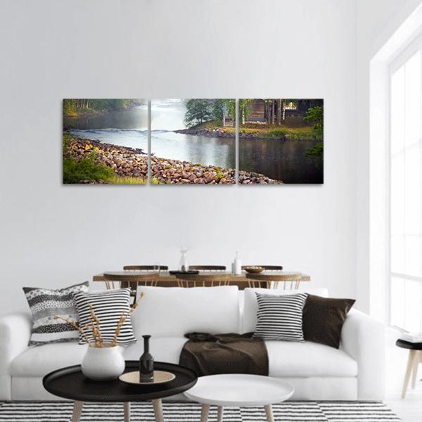 Fog Over River Panoramic Canvas Wall Art-3 Piece-25" x 08"-Tiaracle