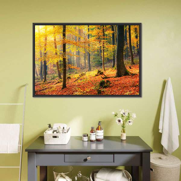 Foggy Autumn Forest Canvas Wall Art-3 Horizontal-Gallery Wrap-25" x 16"-Tiaracle