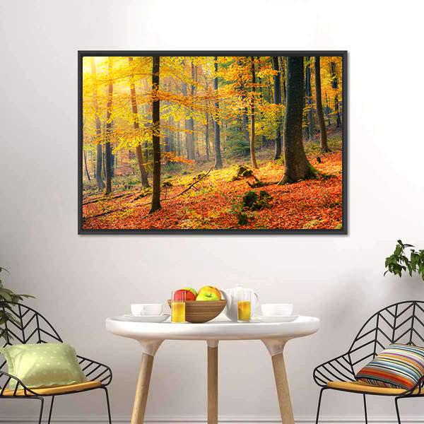 Foggy Autumn Forest Canvas Wall Art-1 Piece-Floating Frame-24" x 16"-Tiaracle