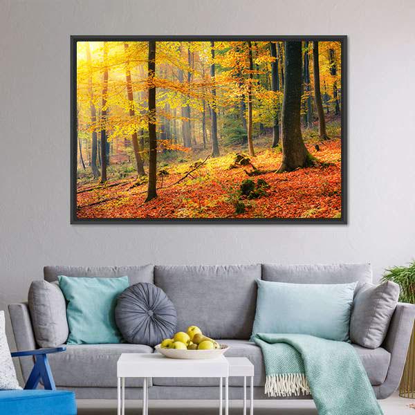 Foggy Autumn Forest Canvas Wall Art-3 Horizontal-Gallery Wrap-25" x 16"-Tiaracle