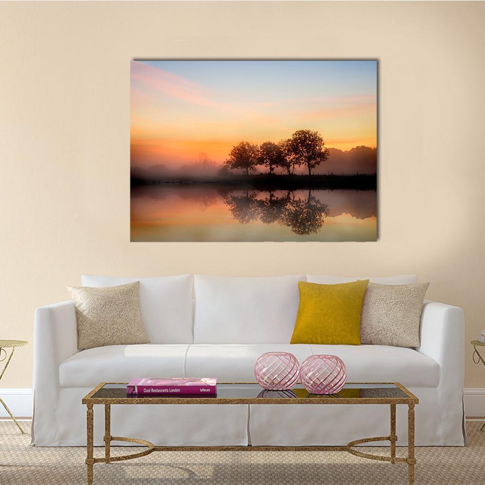 Foggy Autumn Sunrise Canvas Wall Art-1 Piece-Gallery Wrap-48" x 32"-Tiaracle