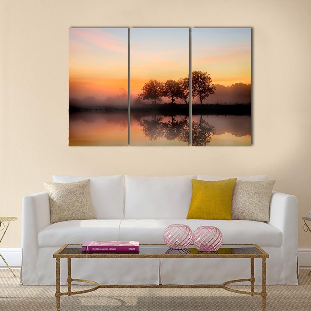 Foggy Autumn Sunrise Canvas Wall Art-3 Horizontal-Gallery Wrap-37" x 24"-Tiaracle
