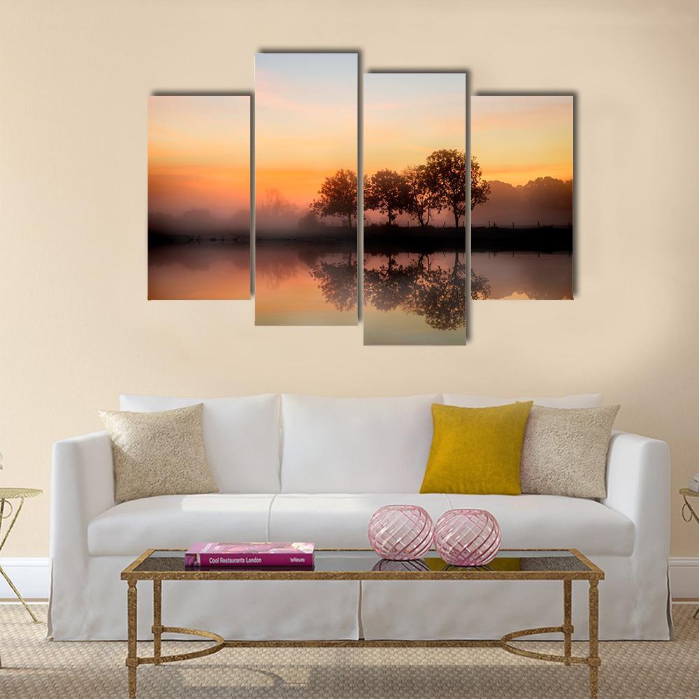 Foggy Autumn Sunrise Canvas Wall Art-4 Pop-Gallery Wrap-50" x 32"-Tiaracle