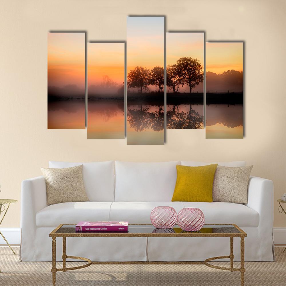Foggy Autumn Sunrise Canvas Wall Art-5 Pop-Gallery Wrap-47" x 32"-Tiaracle