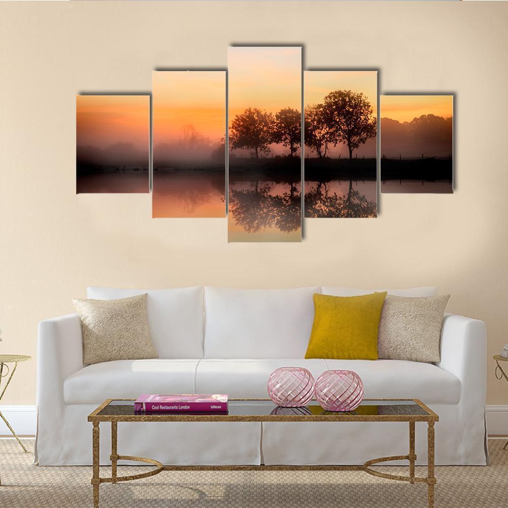 Foggy Autumn Sunrise Canvas Wall Art-5 Star-Gallery Wrap-62" x 32"-Tiaracle