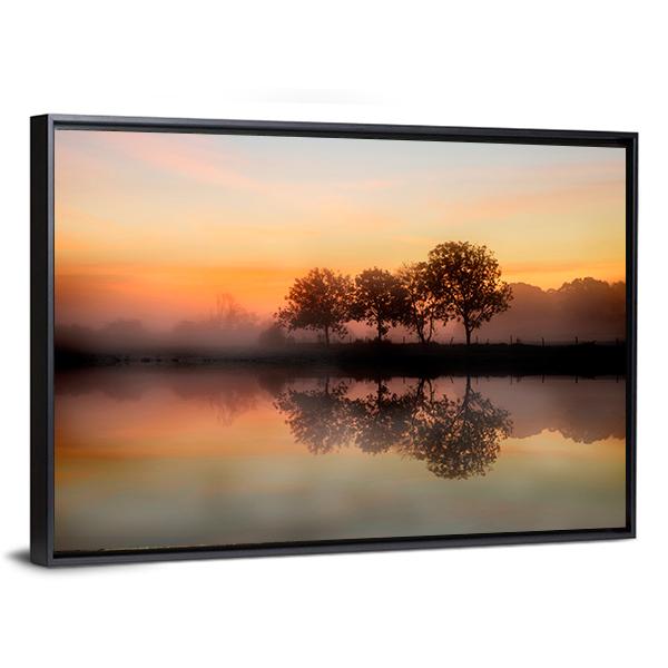 Foggy Autumn Sunrise Canvas Wall Art-3 Horizontal-Gallery Wrap-25" x 16"-Tiaracle