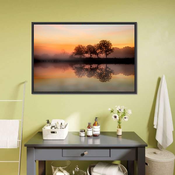 Foggy Autumn Sunrise Over Lake Canvas Wall Art in brown, orange and blue, framed canvas, product view on a white background
